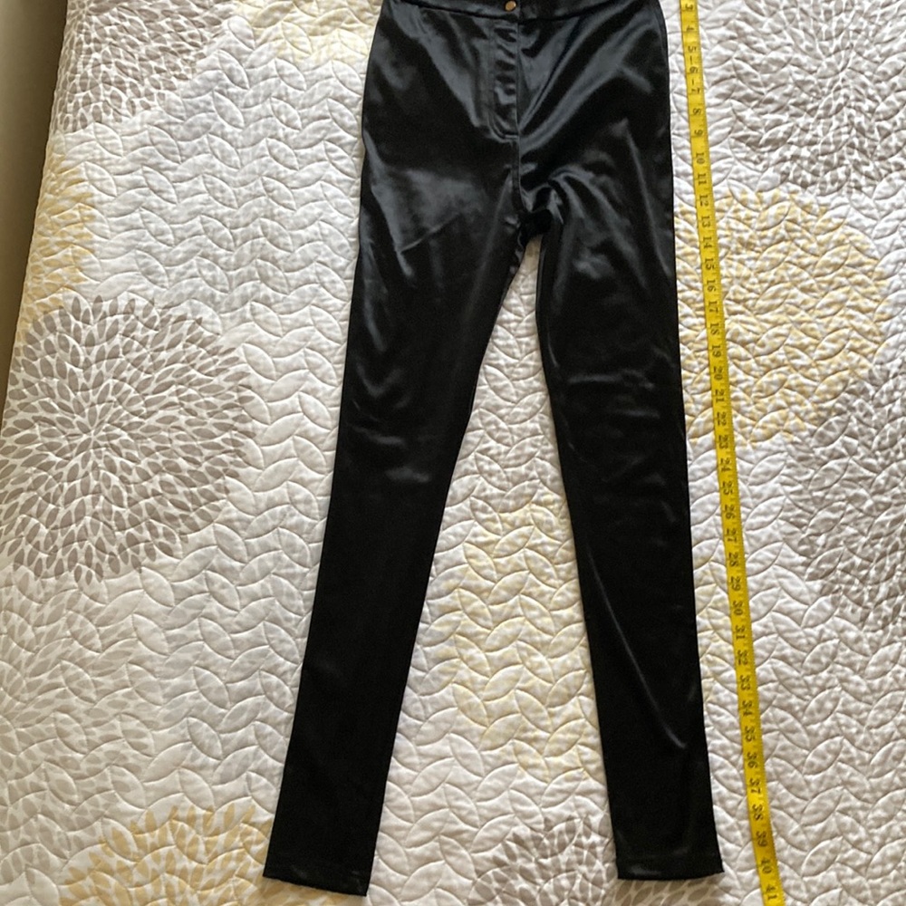 Signature 8. black satin stretch pants with button and zipper. #small tags cut.